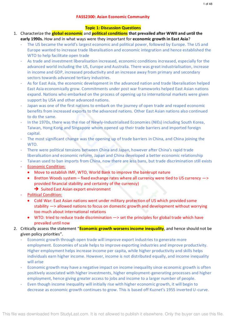 Asian Economic Community (FASS2300) HD tutorial notes with solutions