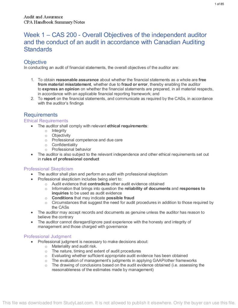 Audit and Assurance (CPA Canada core) handbook summary notes