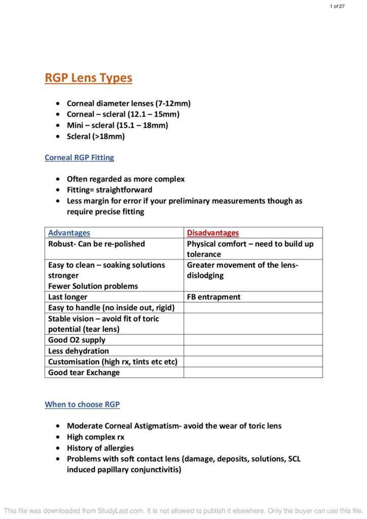 Contact Lens Studies (M3B525443) complete RPG notes
