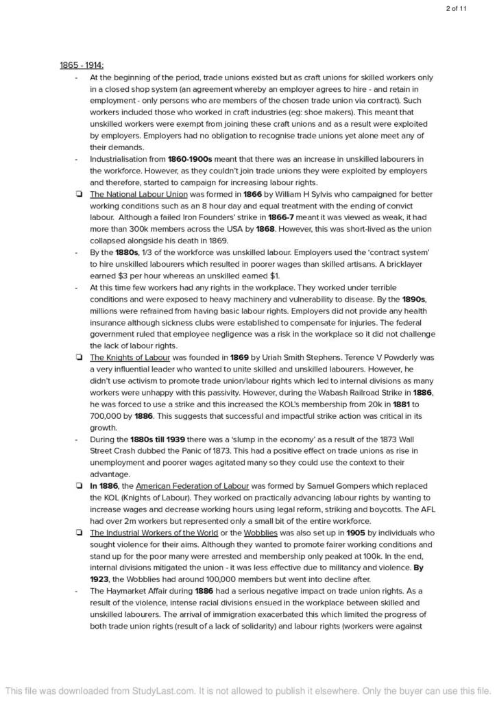 Emergence and Development of US Trade Unions (1865-1992) OCR AS/A Level History A notes