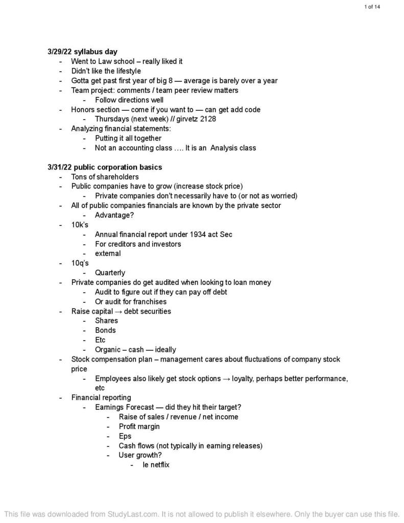 Financial Accounting Analysis and Planning (ECON 118) lecture notes