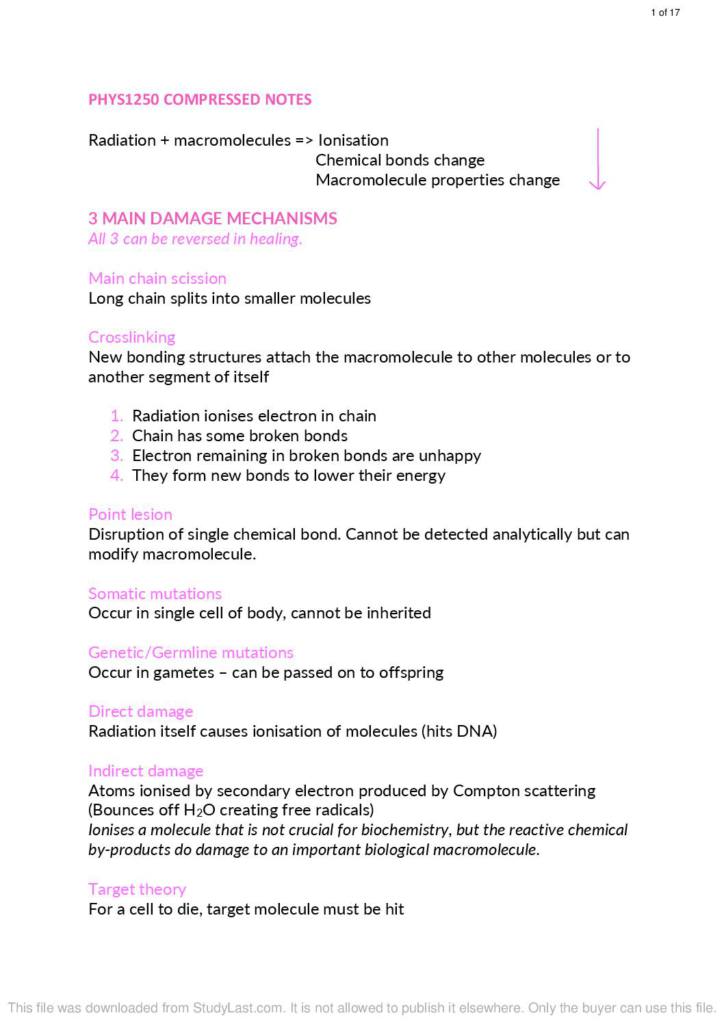 Notes for MRS Physics and Radiation Protection (PHYS1250) at University