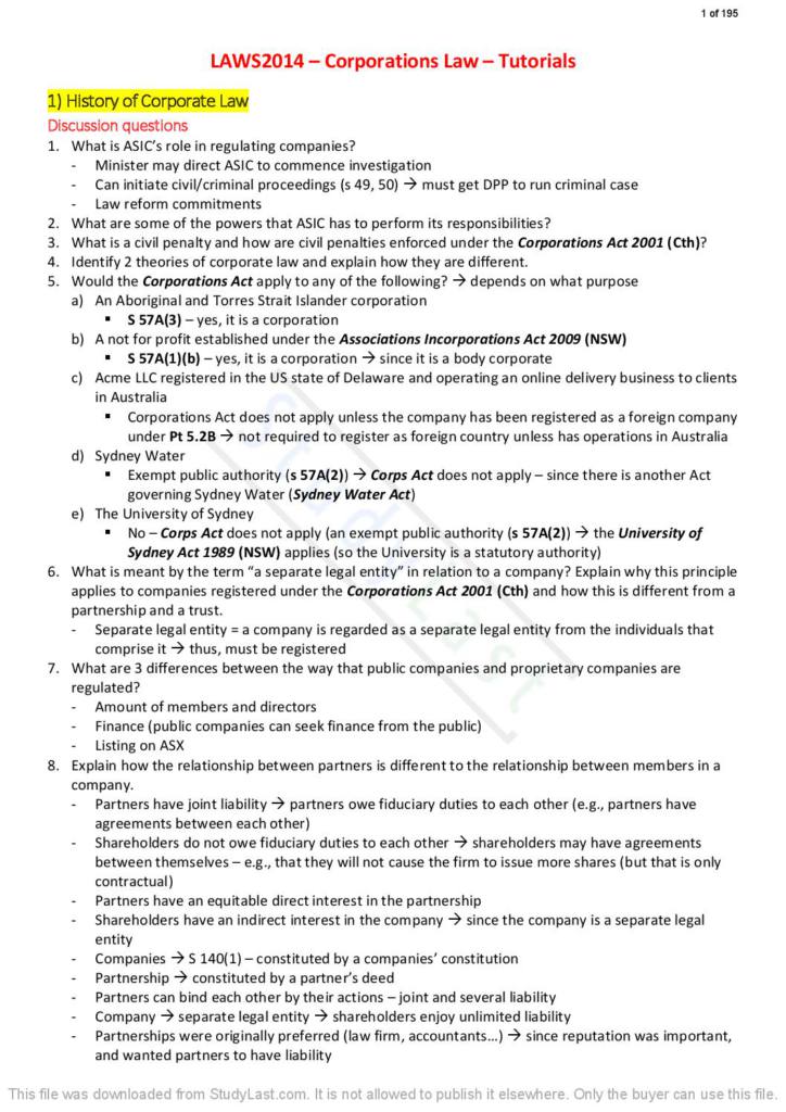 Solutions for USYD LAWS2014 (Corporations Law) tutorial questions