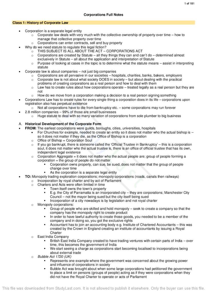 USYD LAWS2014 (Corporations Law) HD 2022 full course notes