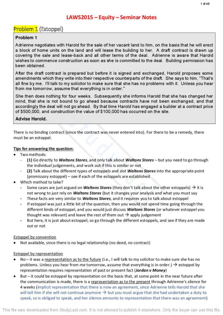 USYD LAWS2015 (Equity) seminar problem questions with solutions