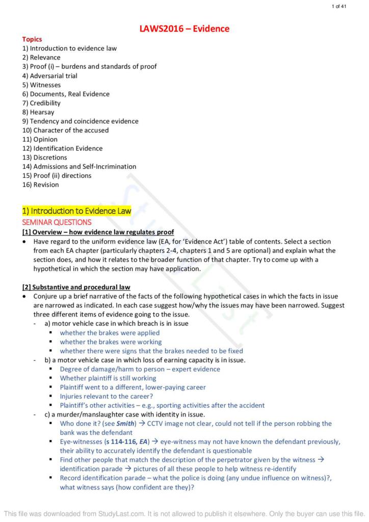 USYD LAWS2016 (Evidence) 2022 seminar problem questions with solutions