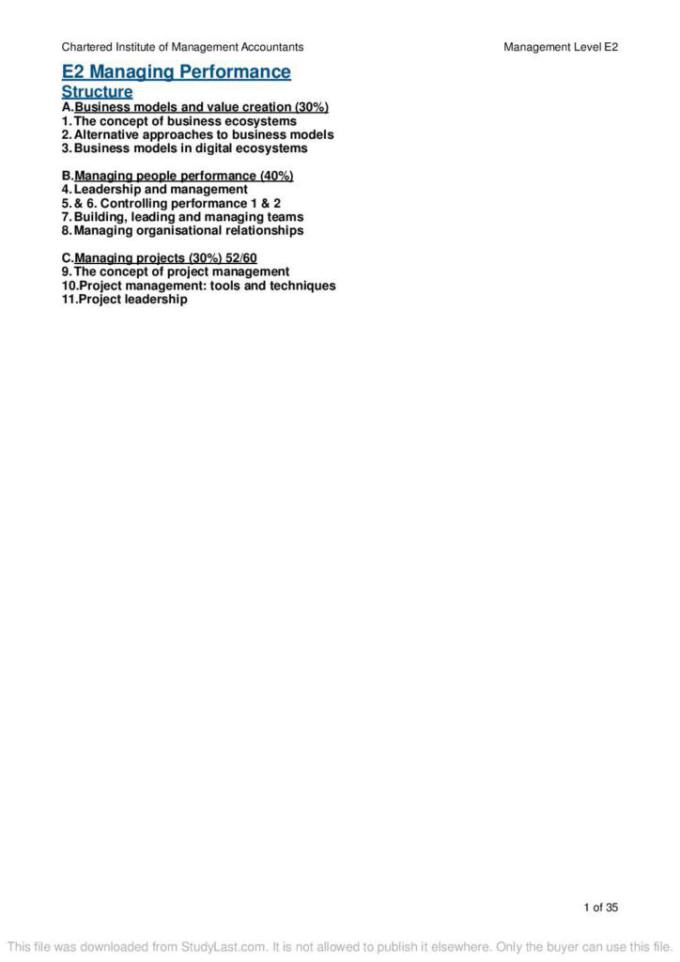 Notes for Managing Performance (E2) at Chartered Institute of ...