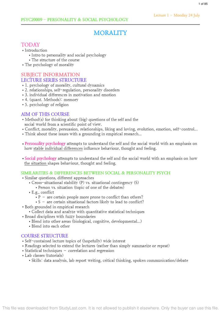 Personality and Social Psychology (PSYC20009) lecture notes