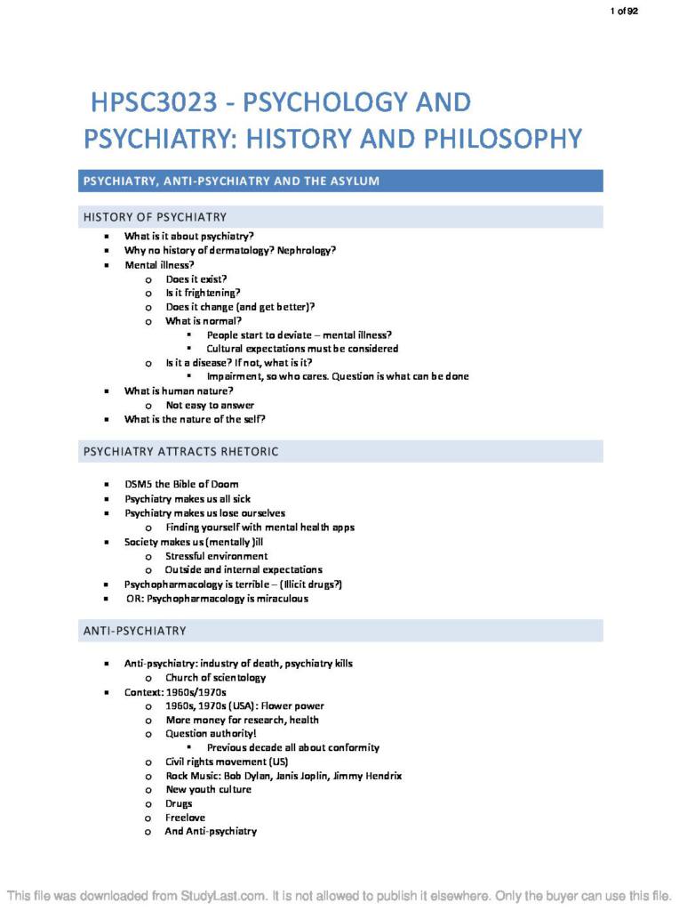 Psychology and Psychiatry History and Phil (HPSC3023) complete notes StudyLast