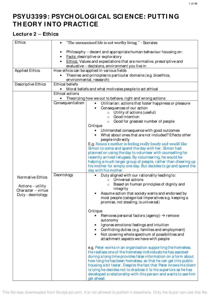 Psychological Science: Putting Theory into Practice (PSYU3399) reading and exam notes