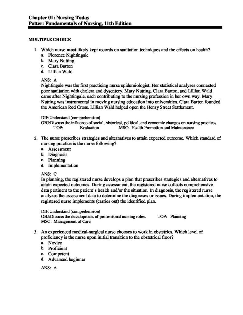 Test Bank for Fundamentals of Nursing (11th Ed) Potter Perry Chapter 1-50 complete guide A+