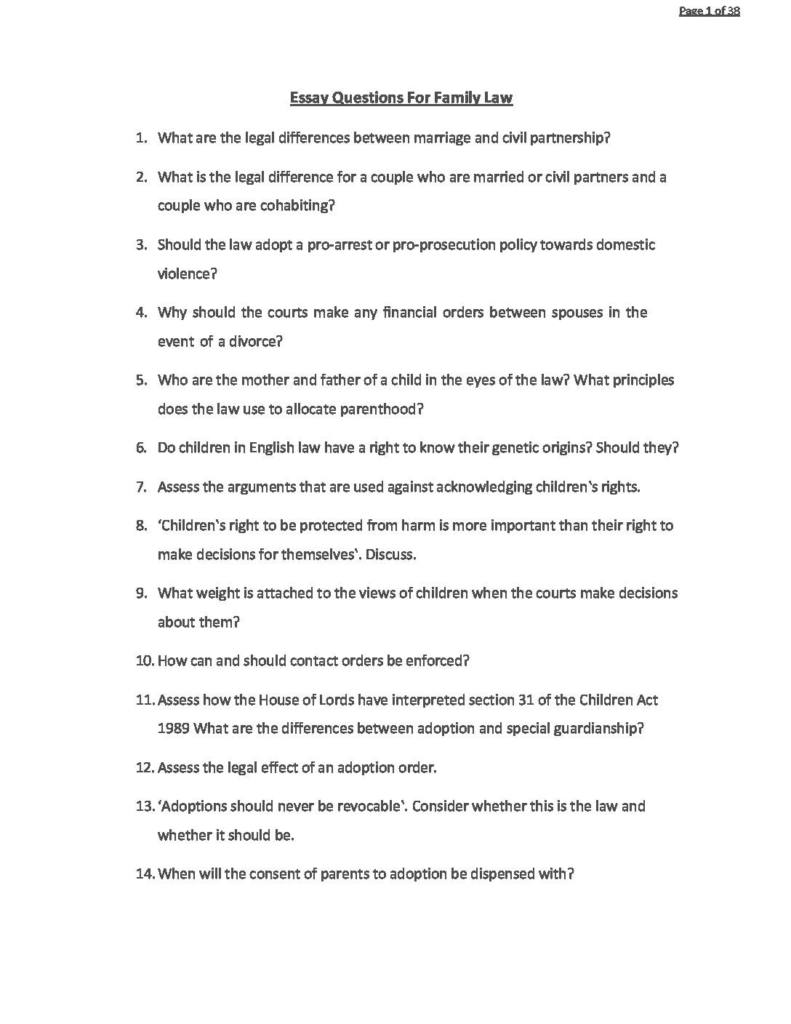 Family Law (LA2019) essay questions and answers