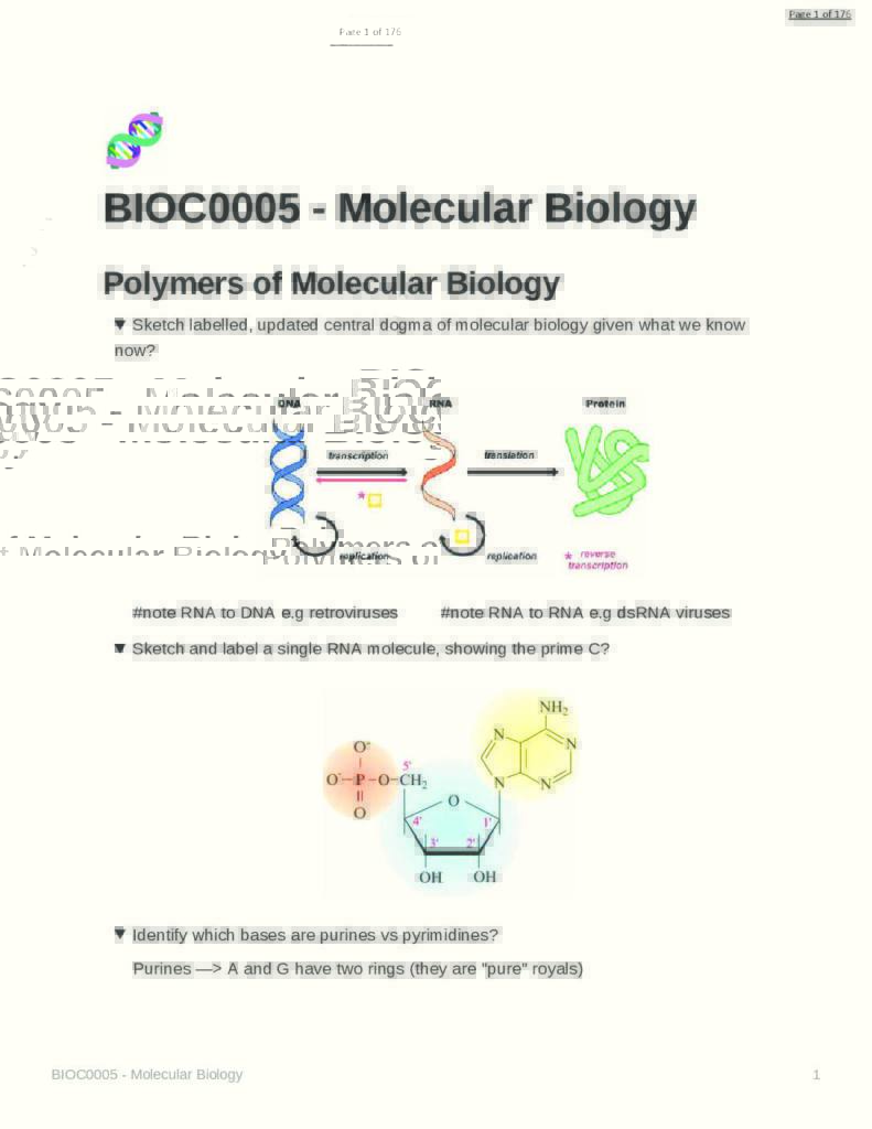 Notes for Molecular Biology (BIOC0005) at University College London