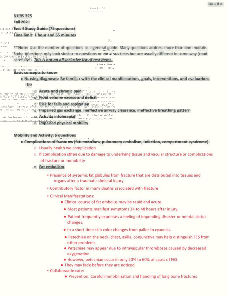 Nursing of Adults I (NURS 325) test 4 study guide