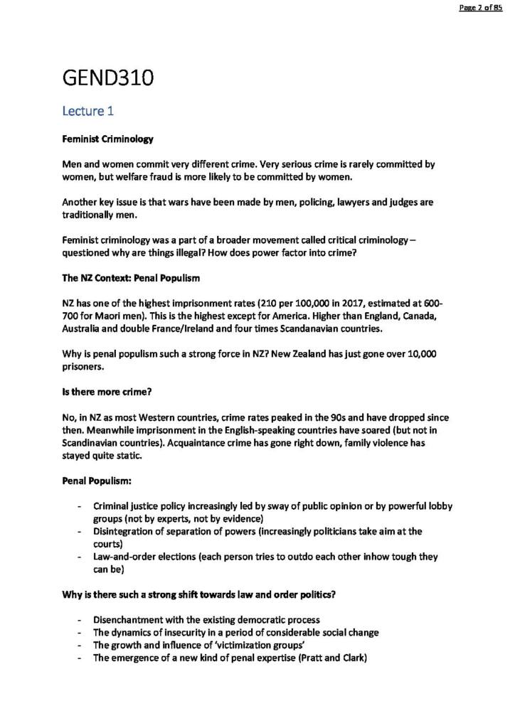 Gender, Crime and Justice (GEND310) lecture and revision notes