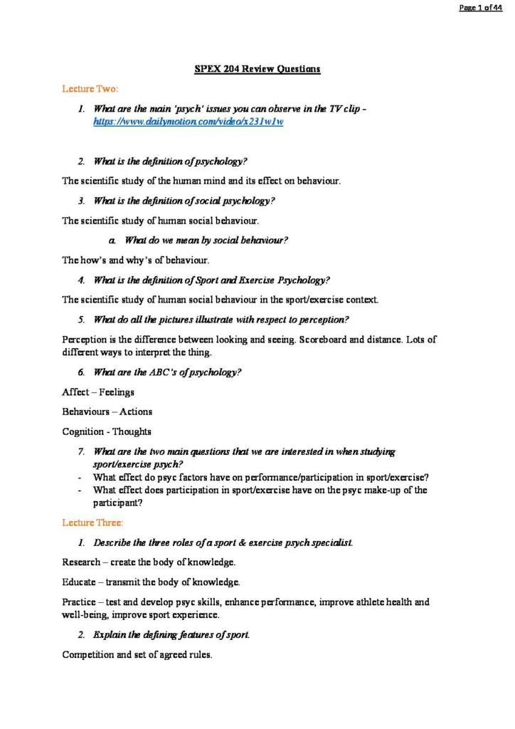 Psychology of Sport and Exercise (SPEX204) review questions