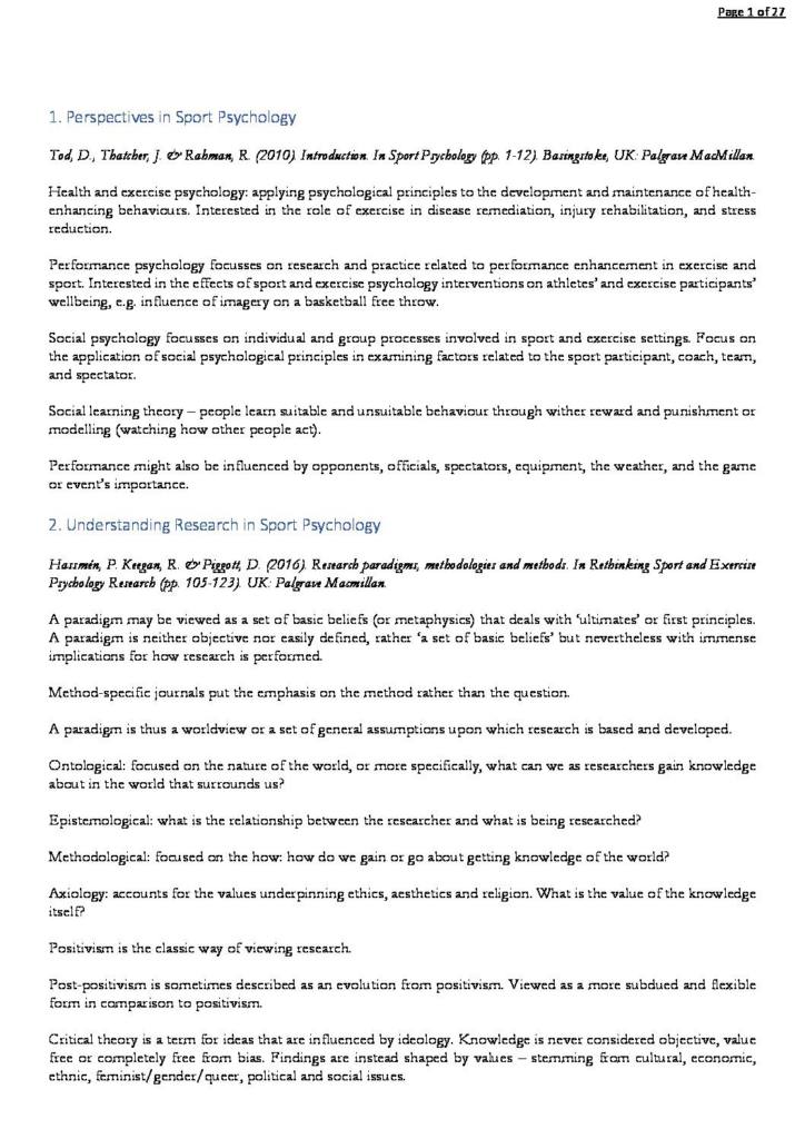 Sport Psychology (SPEX304) reading summaries