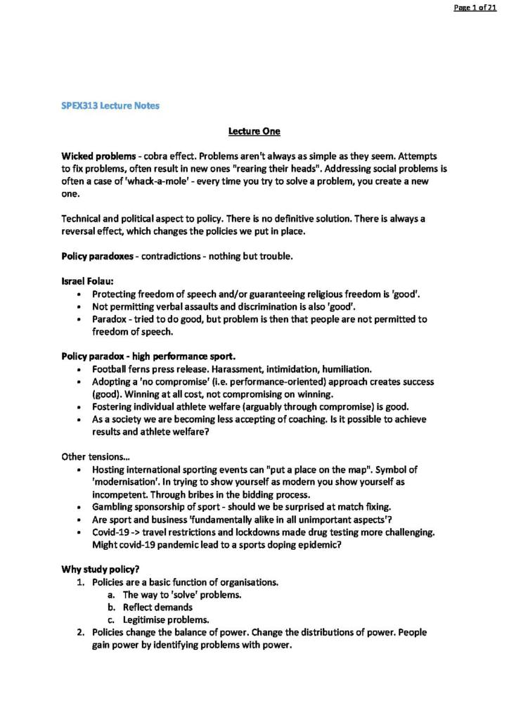 Sport and Health Policy (SPEX313) lecture notes