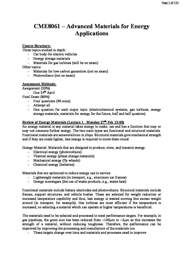 Advanced Materials for Energy Applications (CME8061) full summary notes