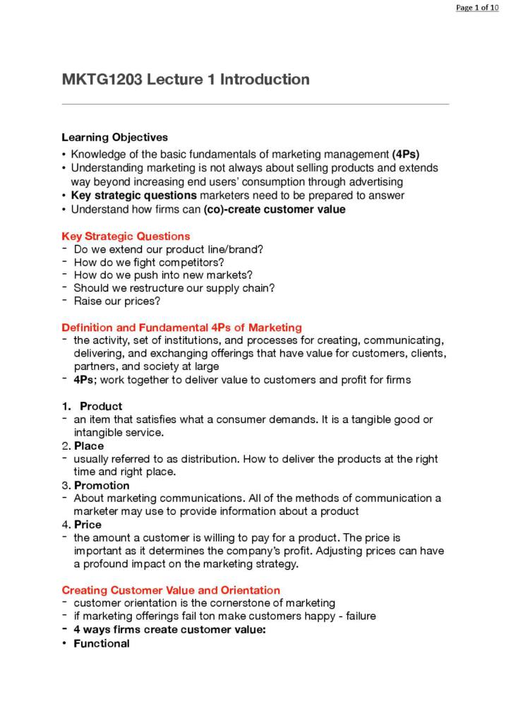 Introduction to Marketing (MKTG1203) summary notes