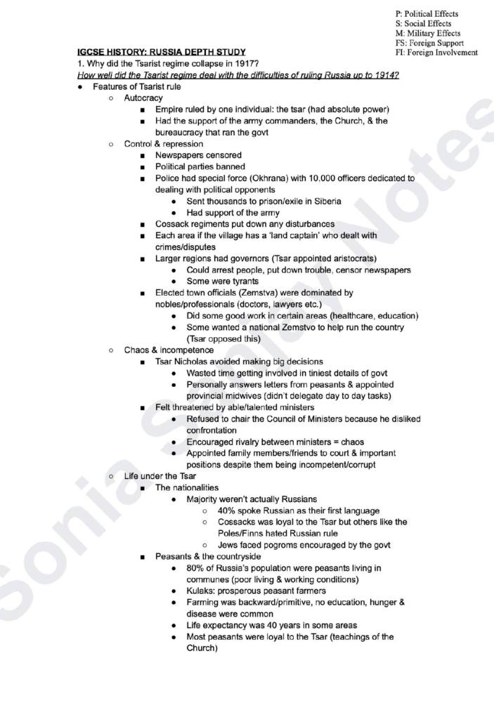 Russia History (Depth Study C) Cambridge IGCSE exam notes