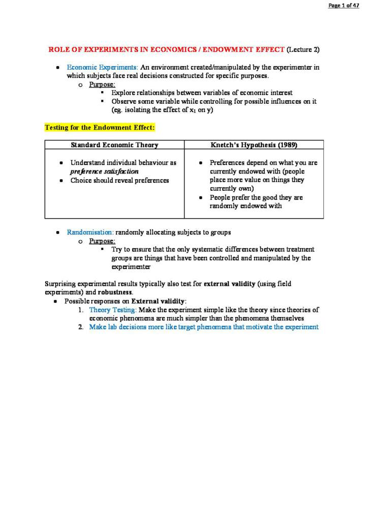 Advanced Experimental and Behavioural Economics (ECON3028) exam notes