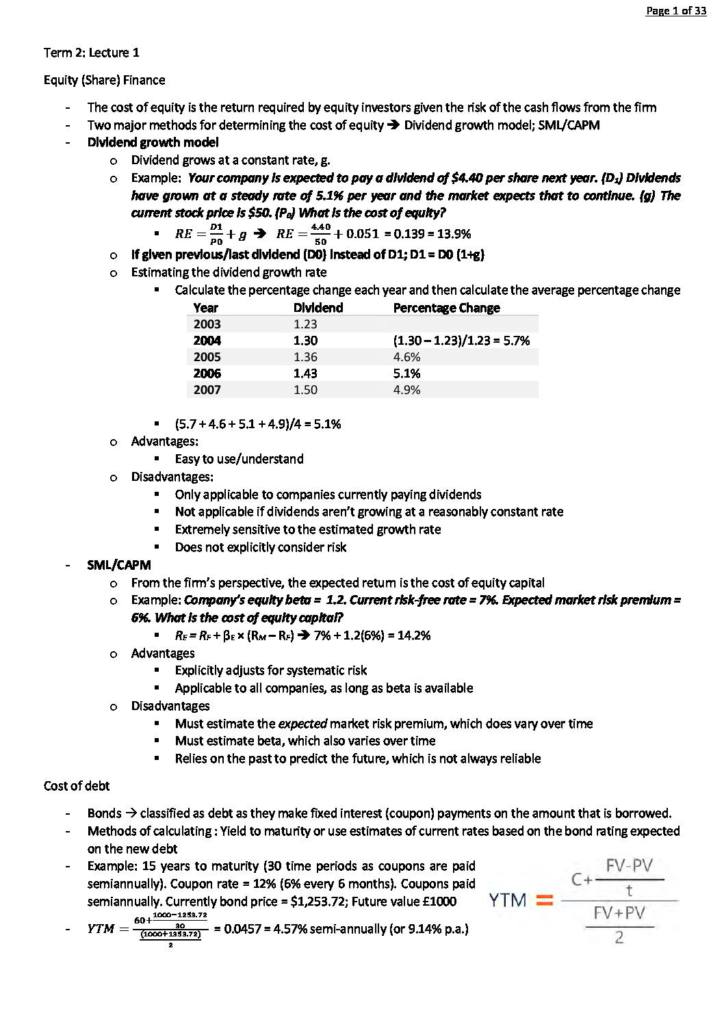 Corporate Finance (BS2253) lecture notes