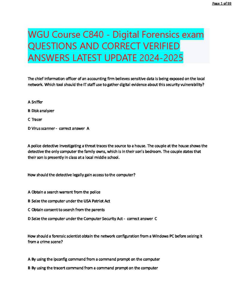 Digital Forensics in Cybersecurity (IT C840) exam questions with answers