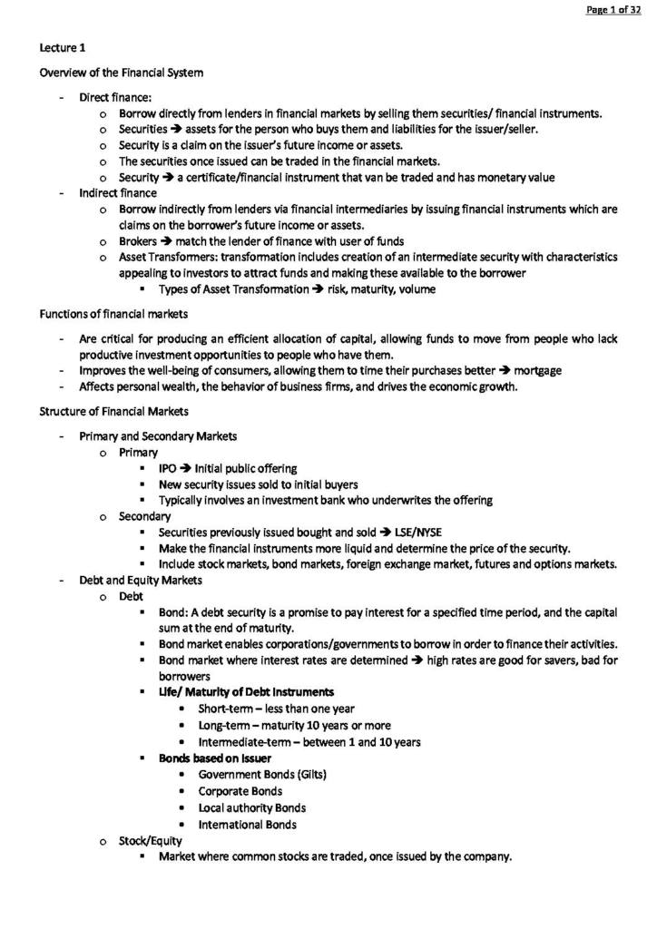 Financial Markets (BS2297) lecture notes