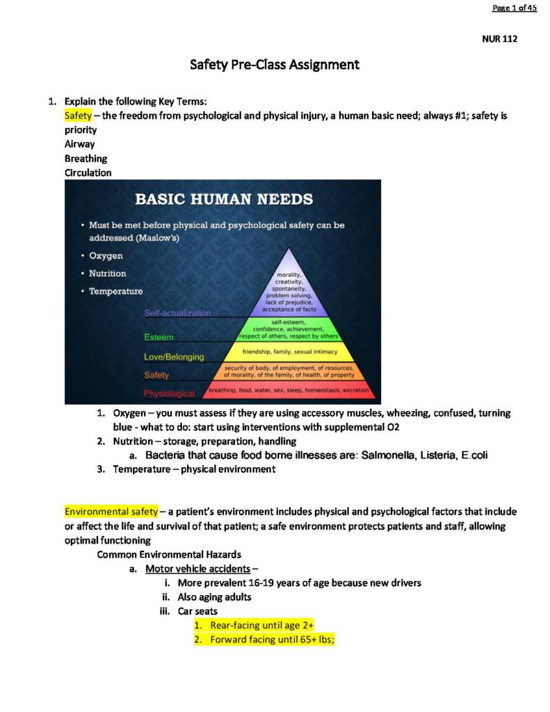 Fundamental Concepts of Nursing (NUR 112) test 1 notes