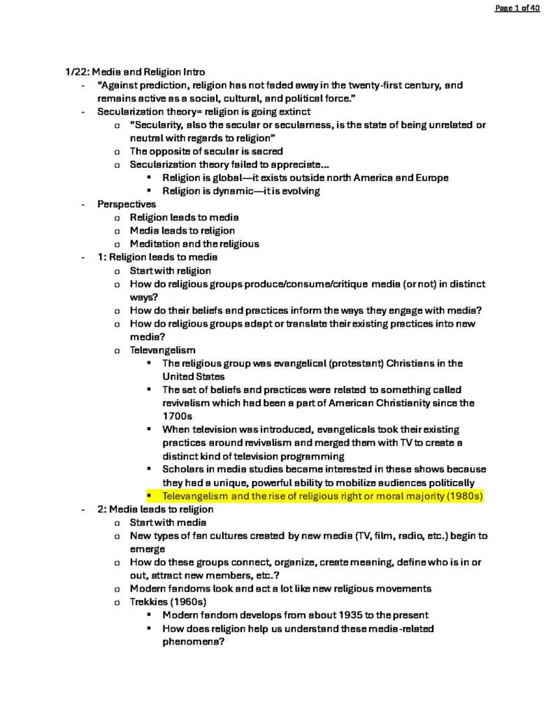 Media and Religion (MDST 4371) midterm notes