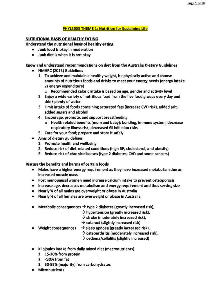 Physiology of Nutrition and Metabolism (PHYL3003) complete notes