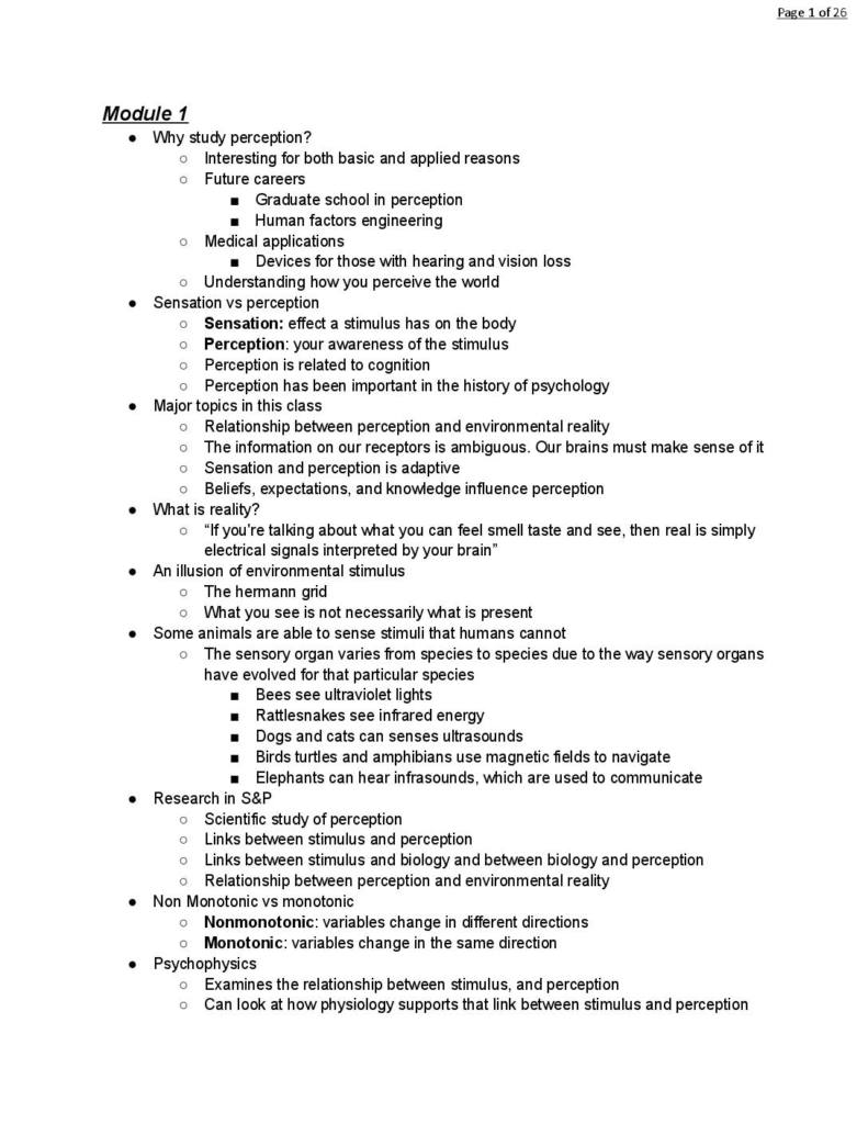 Sensation and Perception (PSH 352) lecture notes