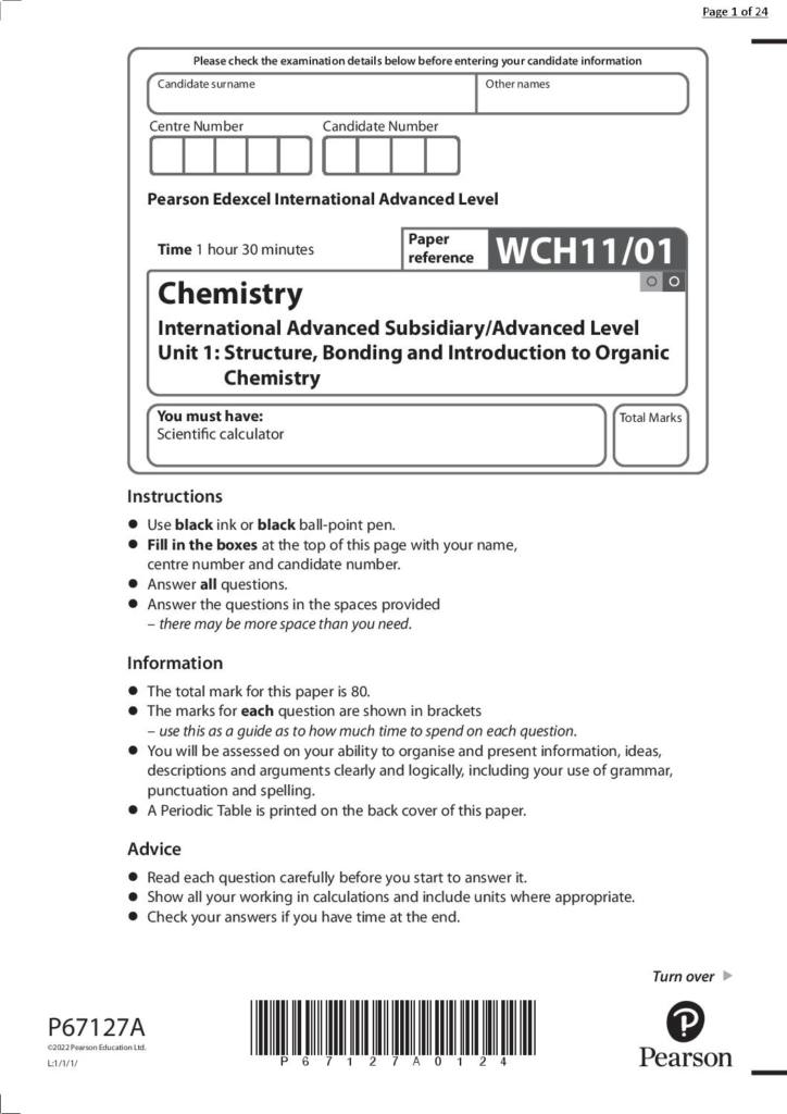 Solved Past Paper (Jan 2022 ref: WCH11/01) for Edexcel IAL/IAS Chemistry
