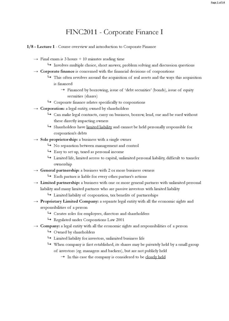 USYD FINC2011 (Corporate Finance I) comprehensive notes