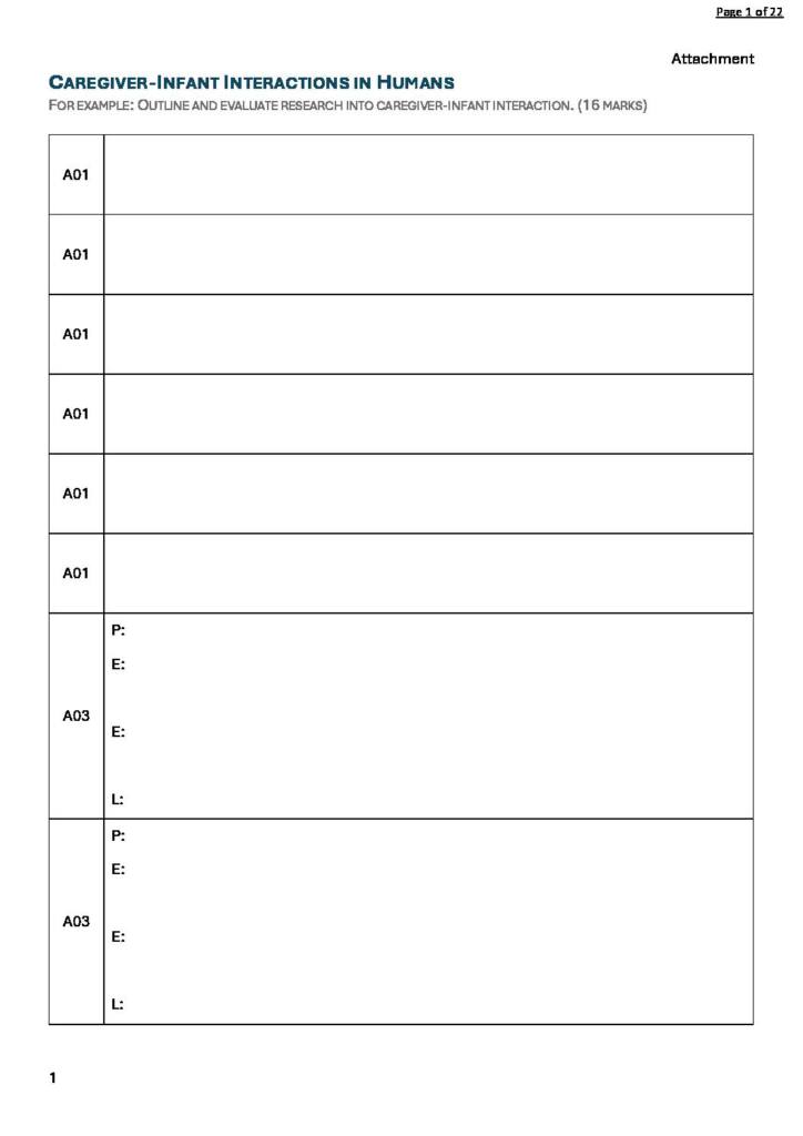 Attachment (AQA A Level Psychology) revision template with questions