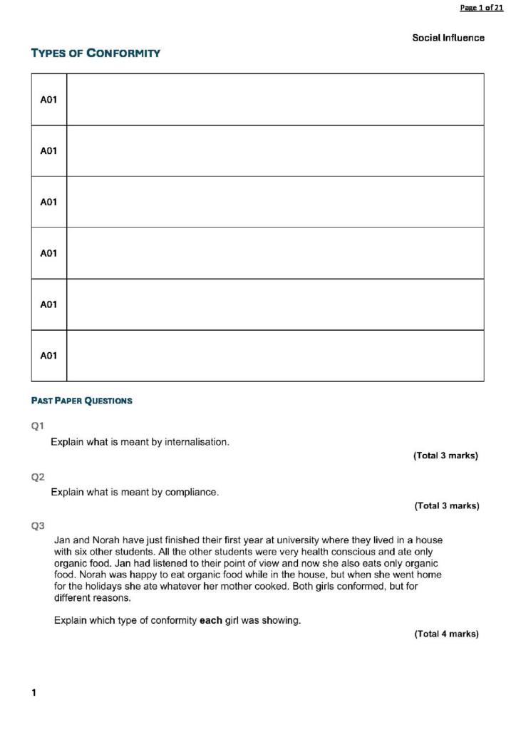 Social Influence (AQA A Level Psychology) revision template with questions