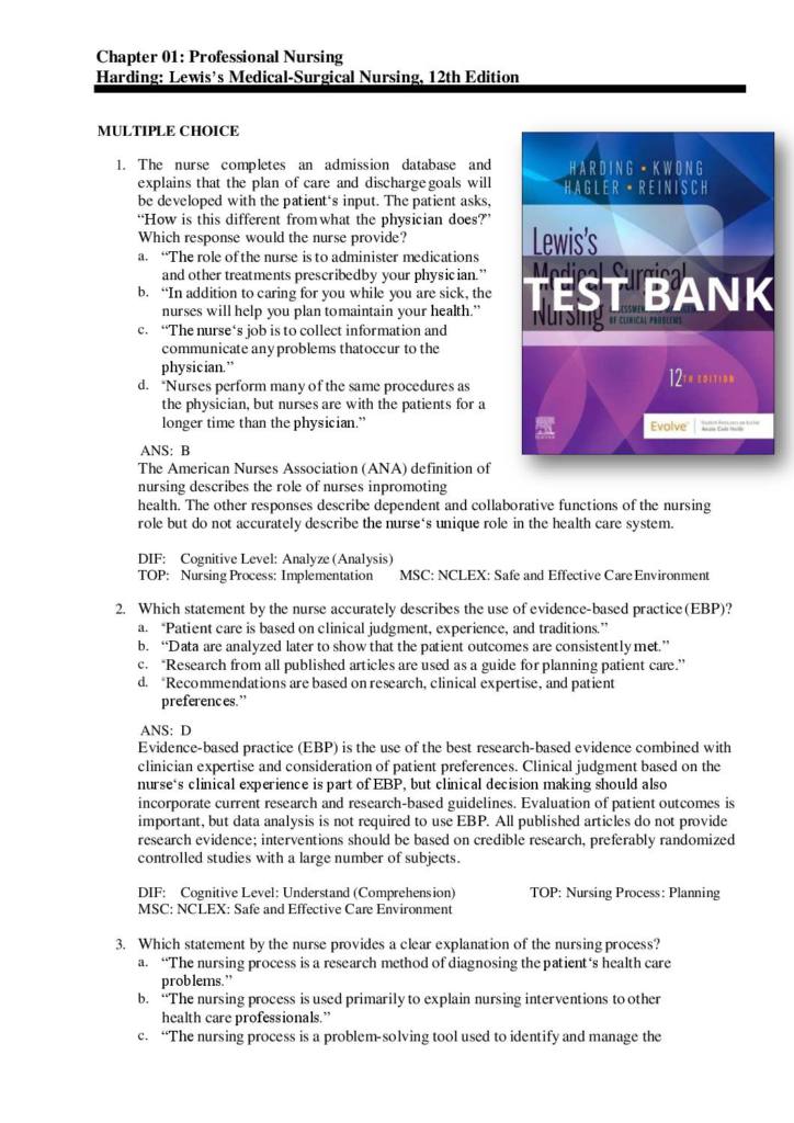 Testbank For Lewis’s Medical-Surgical Nursing Assessment and Management of Clinical Problems Single Vol 12th Ed by Harding