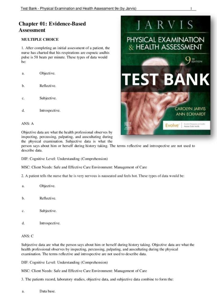 Testbank for Physical Examination and Health Assessment 9th Ed (all chapters) by Jarvis