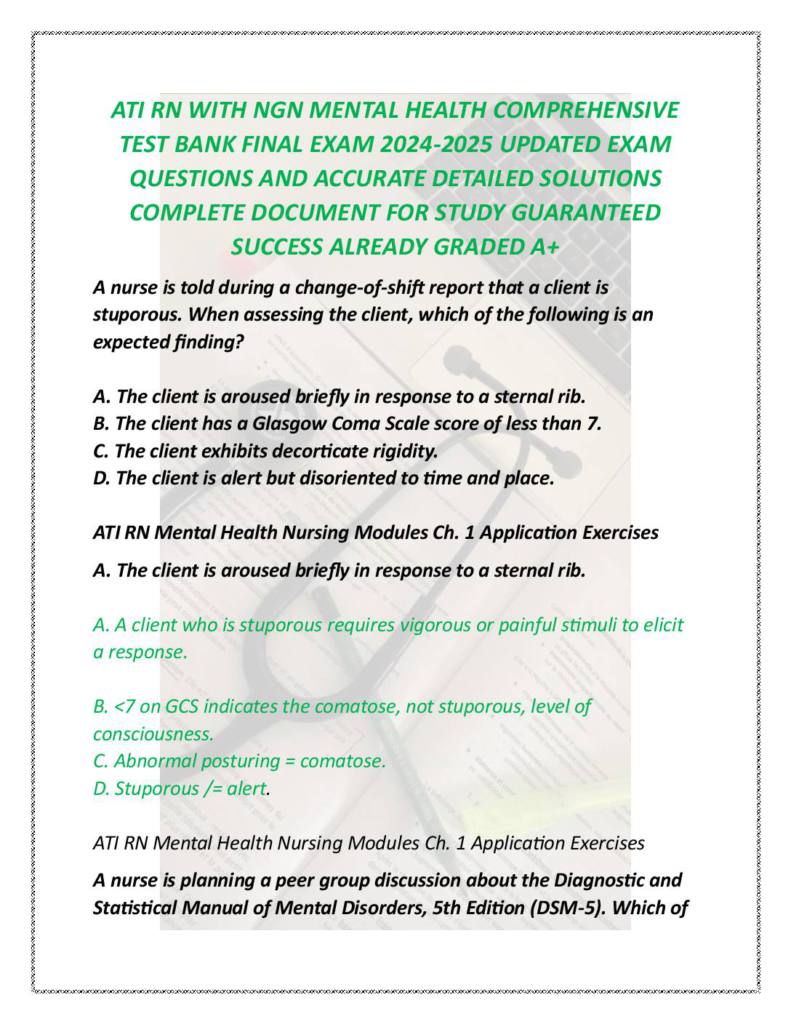 ATI RN Mental Health NGN Final Exam Questions with Answers