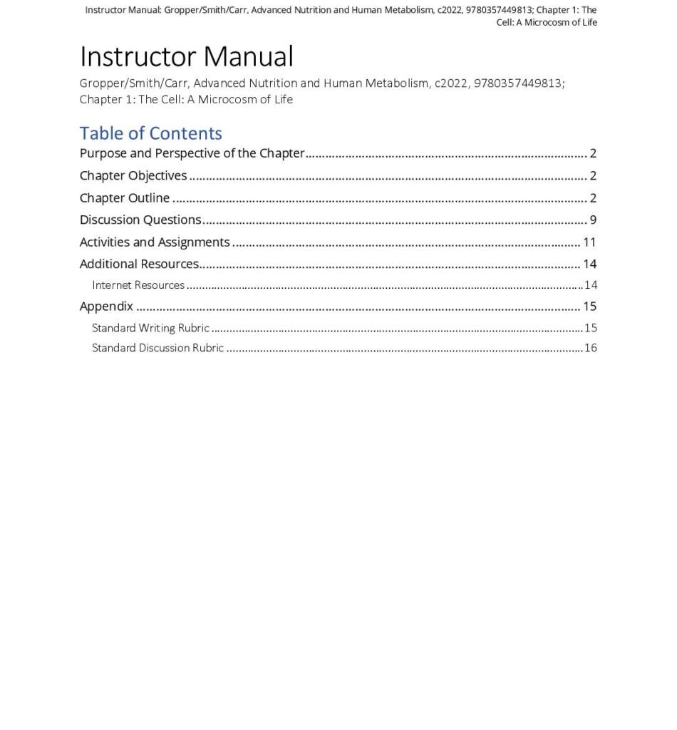 Advanced Nutrition and Human Metabolism 8th Ed by Gropper, Smith, Carr complete solution manual