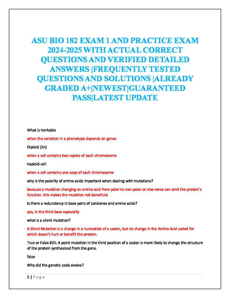 General Biology II (BIO 182) ASU Exam 1-4 practice questions & answers