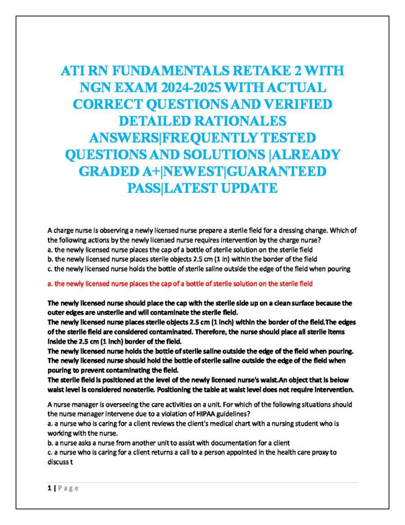 Fundamentals of Nursing Retake 2 (ATI RN) with NGN exam questions and answers