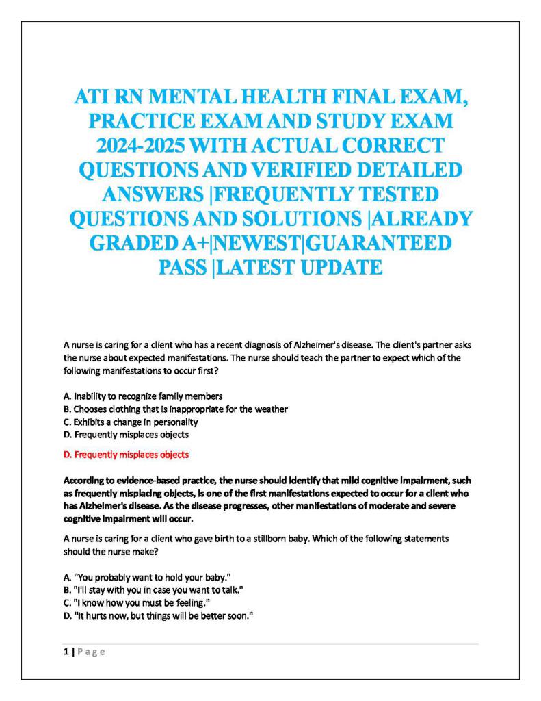 ATI RN Mental Health Final Exam questions & answers