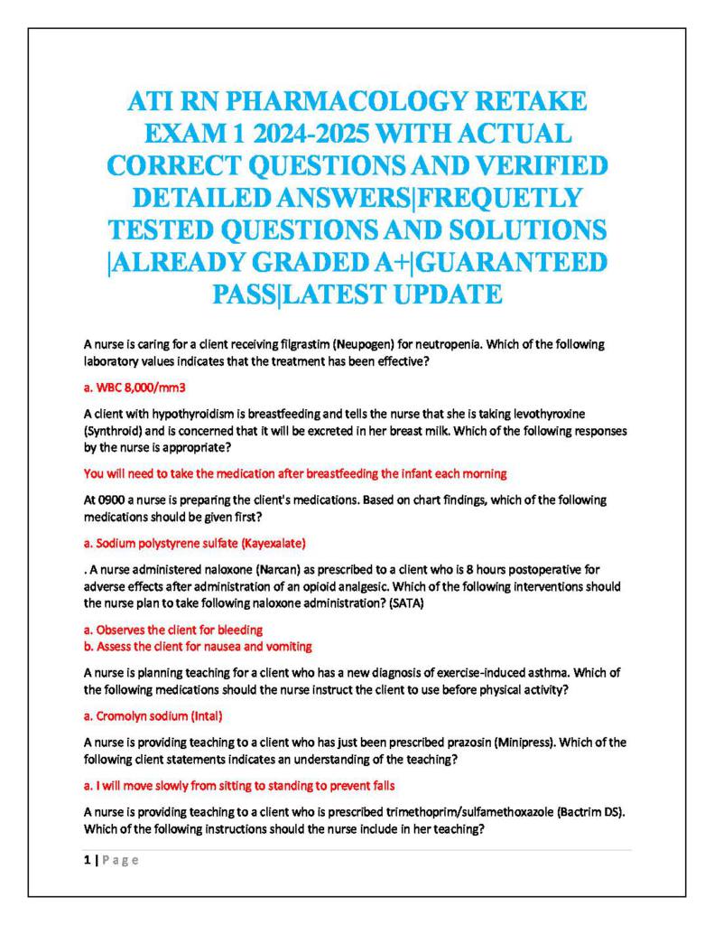 ATI RN Pharmacology Retake Exam 1 (2025) questions & answers