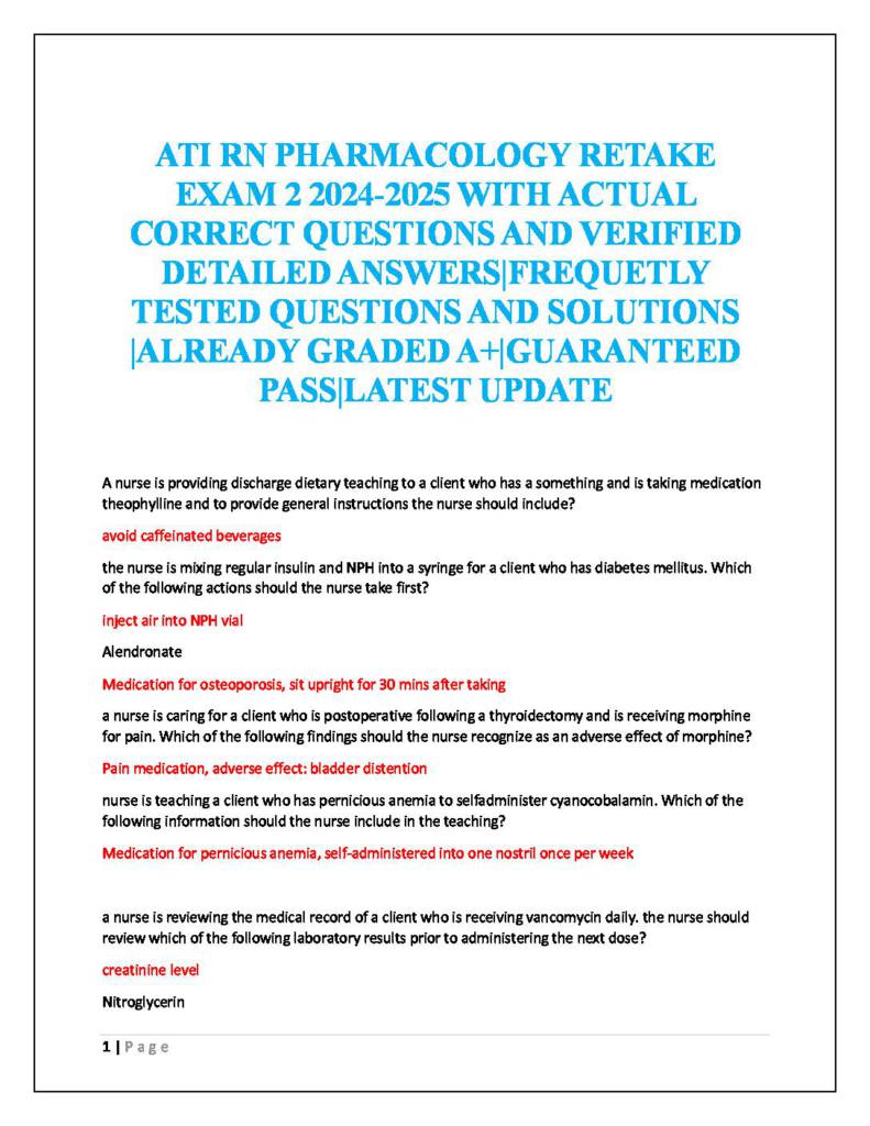 ATI RN Pharmacology Retake Exam 2 (2025) questions & verified answers