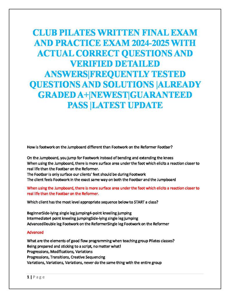 Club Pilates Written Final Exam & Practice Test questions & answers