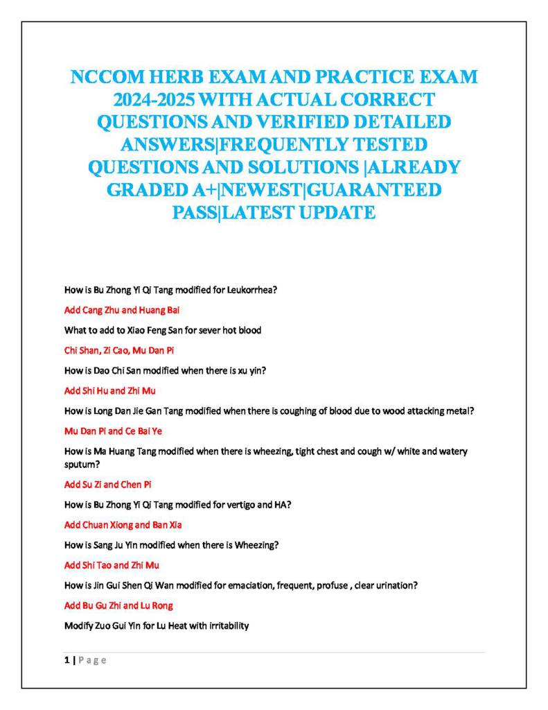 NCCAOM Chinese Herbology exam questions & answers