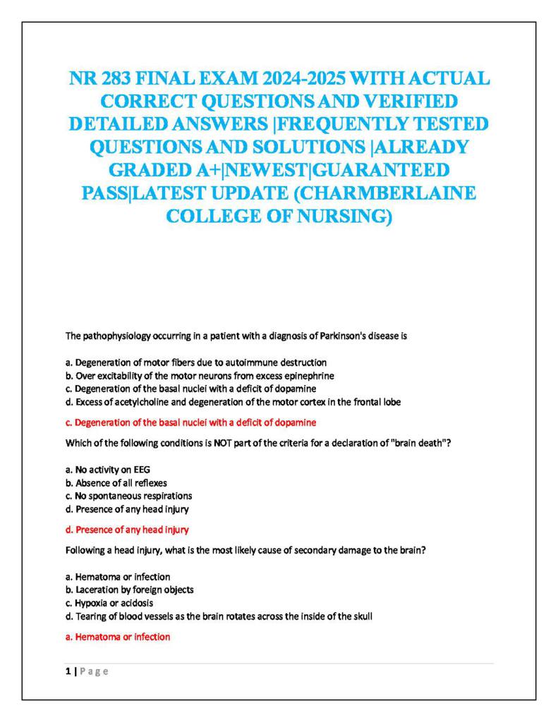 NR283 Pathophysiology Final Exam questions and correct answers