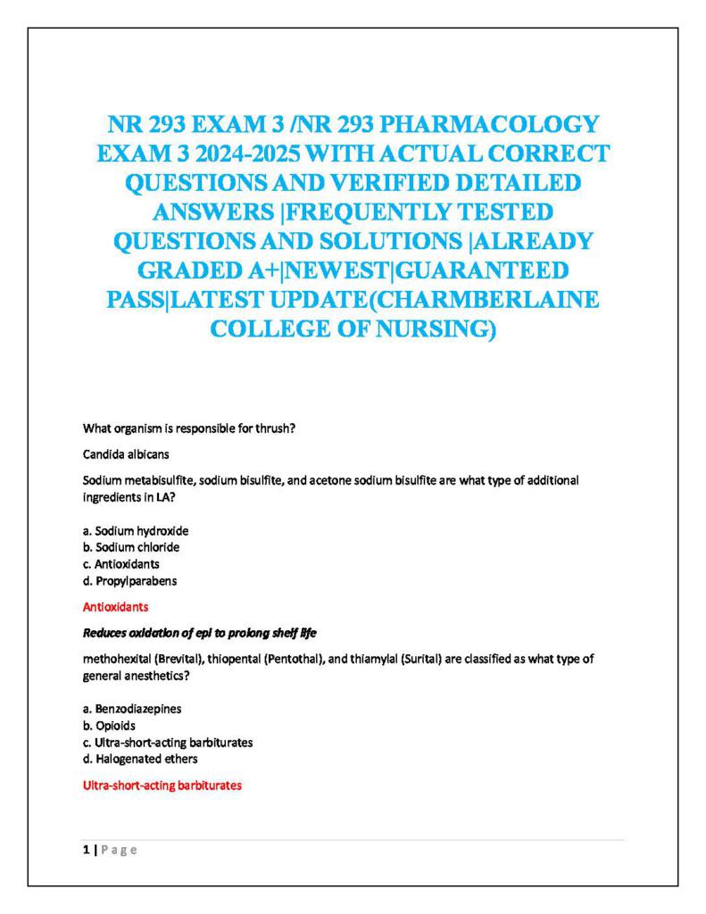 NR293 (Pharmacology for Nursing Practice) Exam 3 questions and answers